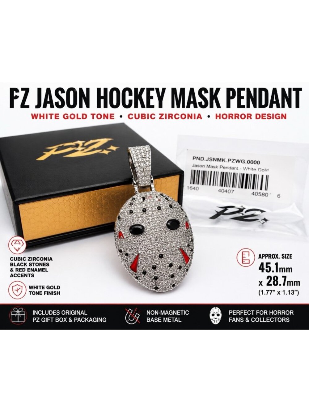 Jason Hockey Mask CZ Pendant White Gold Tone Hip Hop Charm PZ Box 45mm Horror